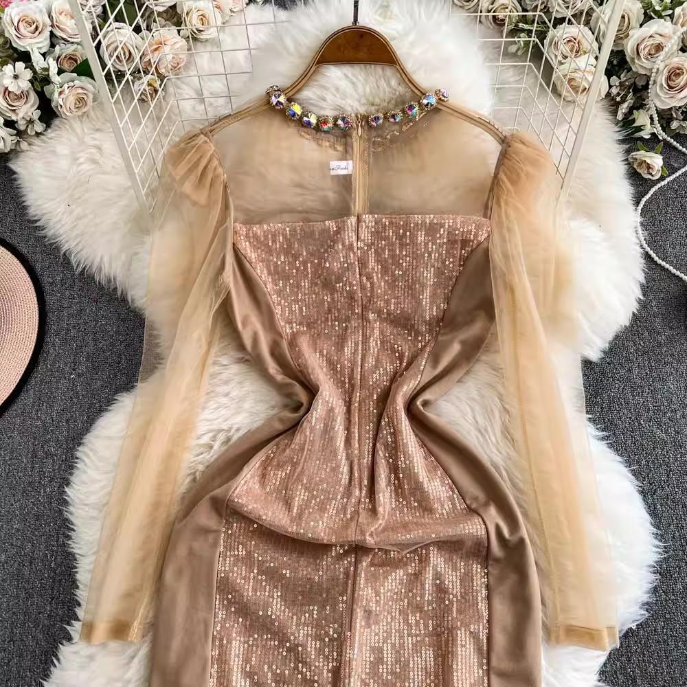 2025 neue Frühjahr Sommer Frauen High-End-Party Mode O Neck Shiny Diamanten Langarm Schlank Lange Party Casual Kleider