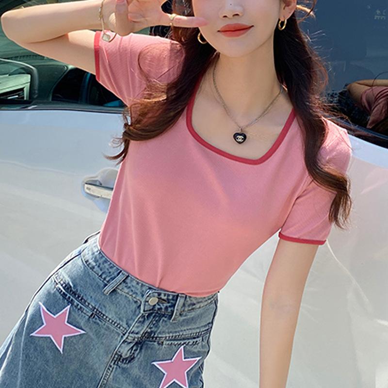 High Elastic Threaded Cotton Square Neck Short-sleeved T-shirt for Women Summer New Style Right Shoulder Versatile Bottoming Outer Top