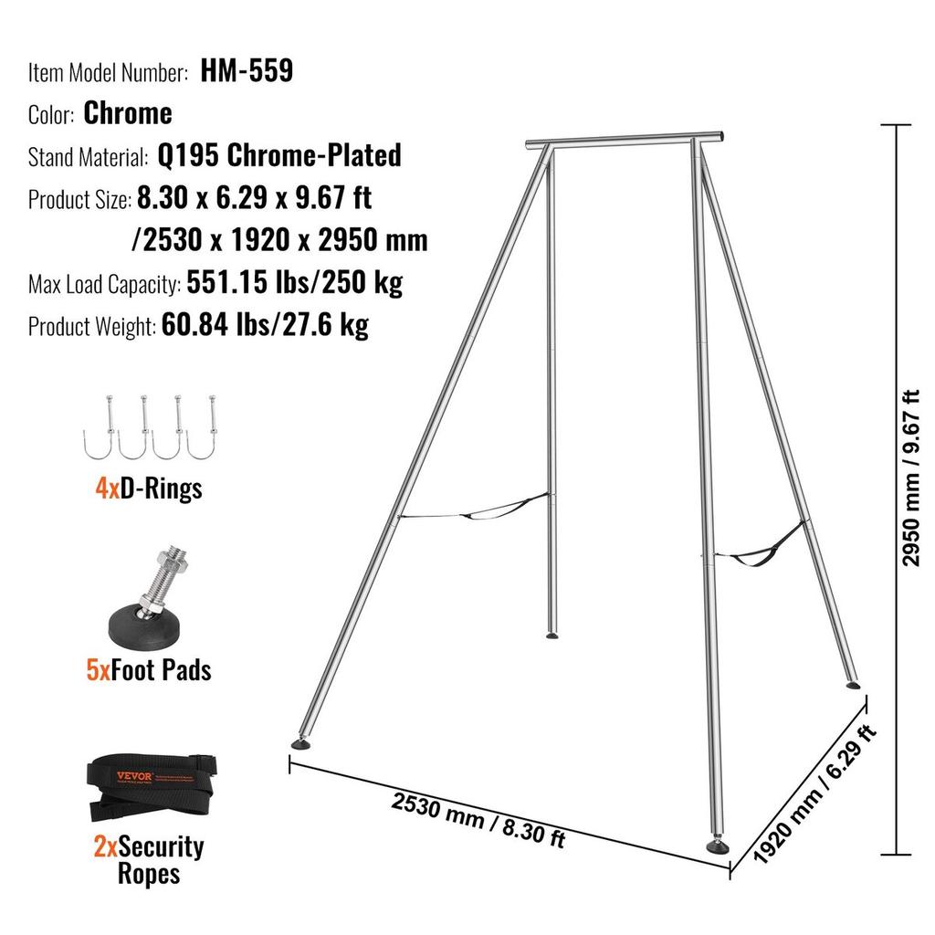 Aerial Yoga Frame, 9.67 Ft Height Yoga Swing Stand, Max 551.15 Lbs Load Chrome-Plated Steel Pipe Inversion Yoga Swing Stand Yoga Rig Yoga Sling
