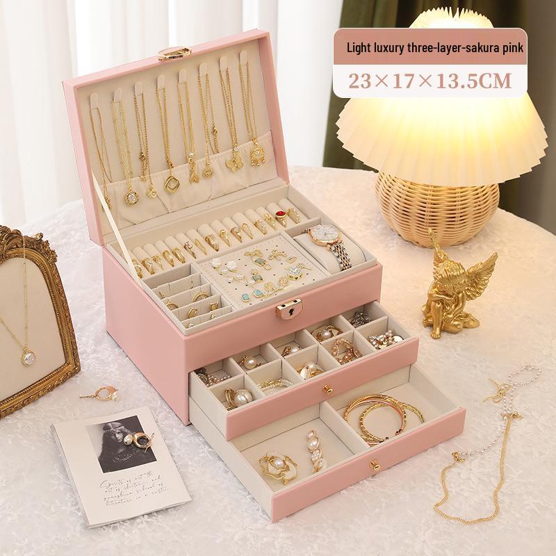 

Премиальный трехслойный органайзер для украшений с выдвижными ящиками для ожерелий, серег, аксессуаров и золота - Хранение большой вместимости