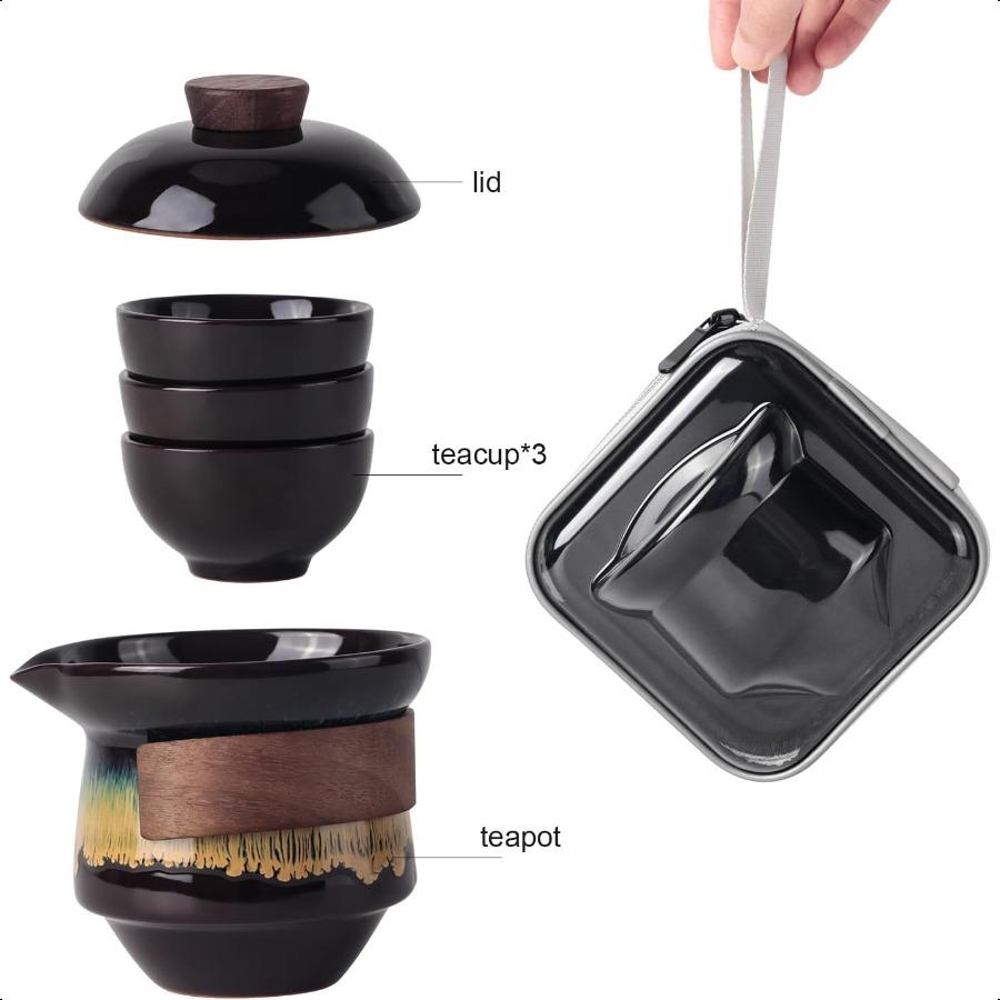 Portable Kungfu Teapot Tea Pot Set Ceramic Gongfu Teaset with 3 cup for One Set in One Bag Travel Tea Set Tea Pot for Tea Lover
