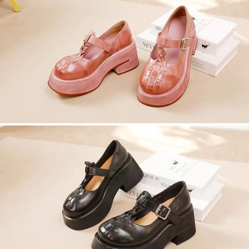 Johnature Escarpins Haut de Gamme en Cuir de Vache à Boucle en T Peu Profonde Rétro Semelle Épaisse Fait Main Chaussures à Plateforme pour Femmes