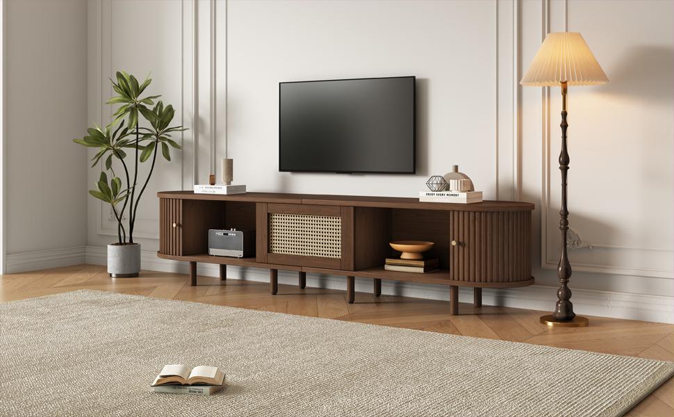 Oval TV Stand In Dark Walnut, Rattan Design - 180 Cm MDF Design, Adjustable Feet, 30 Kg Load Capacity