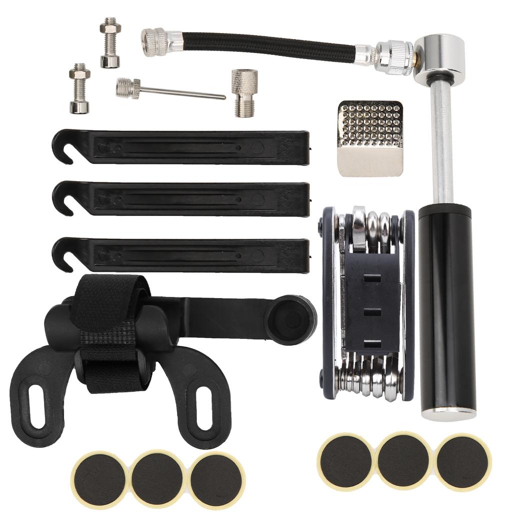 Portable Bicycle Pump 120PSI 16‑in‑1 Multifunction Tire Inflator Repair Patch Kit Bike PartsBlack