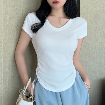 Καλοκαιρινό Νέο Στενό V-neck Κοντομάνικο T-shirt για Γυναίκες Μόδα Βαμβακερό Λευκό Casual T Shirt Γυναικεία Κομψά Vintage Απλά Γυναικεία Μπλουζάκια 24383