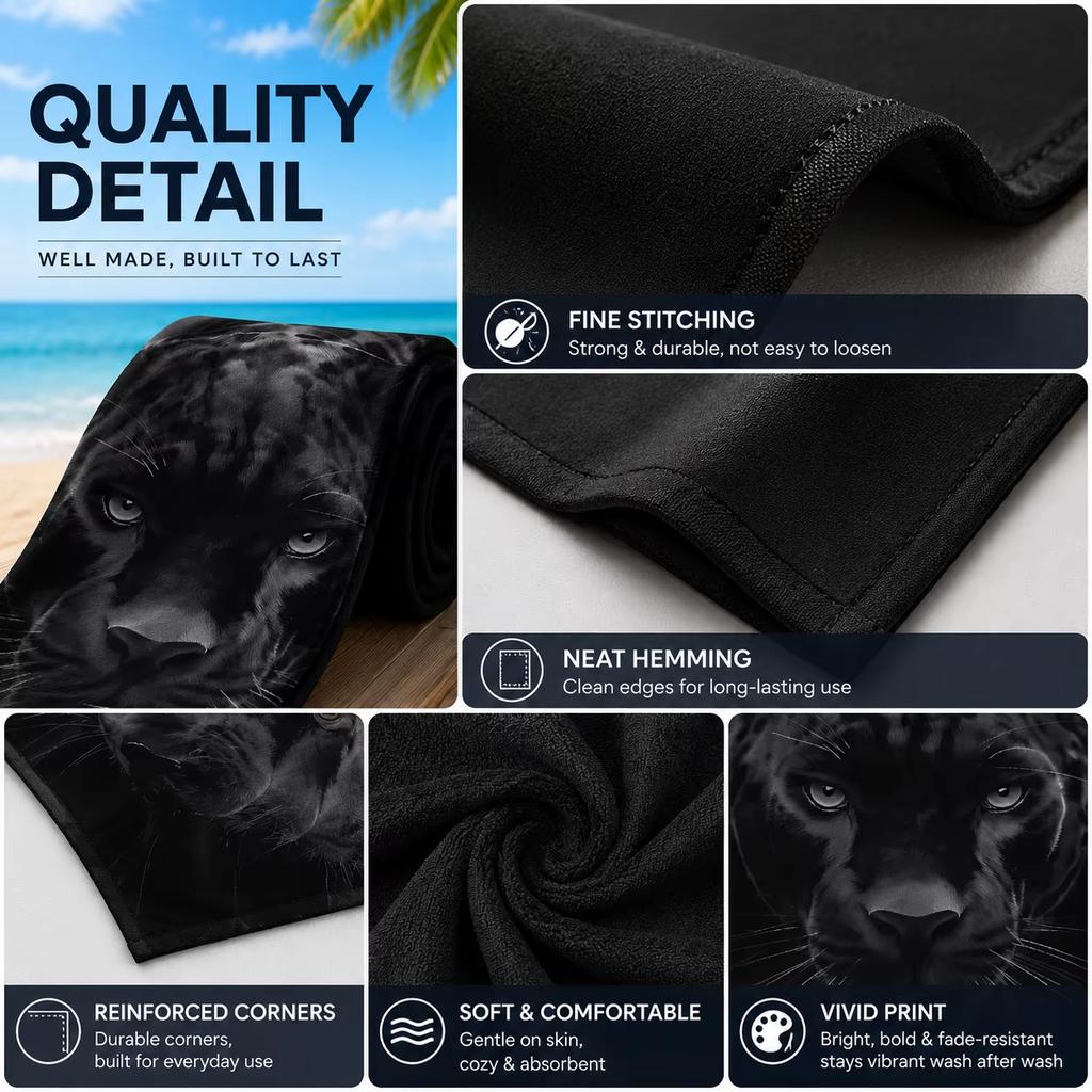 Summer Black Panther Print Mens Beach Towel,Lightweight Quick Dry Microfiber Towel,Vacation Pool Party,Cat Print Large Bathtowel