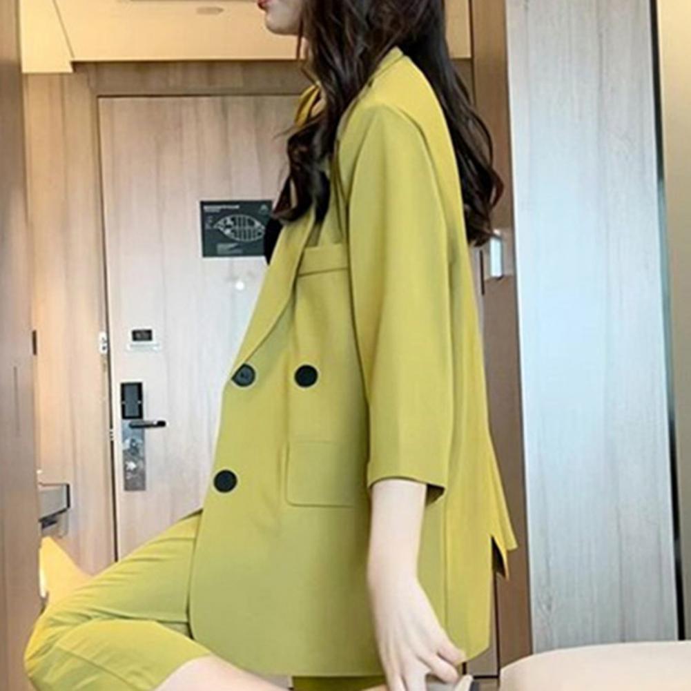 Women Suit Coat Lapel 3/4 Sleeve Double Breasted Suit Jacket Solid Color Loose Fit Flap Pockets Business Outwear