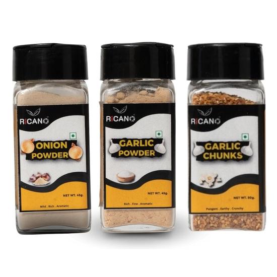 Ricano | Onion Powder, Garlic Powder, Garlic Chunks Combo | Spice Combo Pack | Dehydrated Veggies | Strong Flavor Boost | Quick Cooking Helper