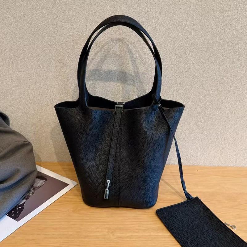 First-layer TC Cowhide Hand-carried Vegetable Basket Bag Leather Underarm One-shoulder Handbag Fashionable Casual Large-capacity Bucket