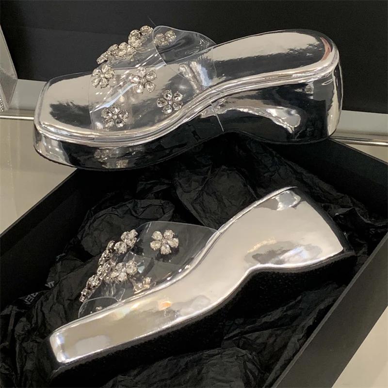 Eilyken Summer CRYSTAL Flower PVC Transparent Women Slippers Solid Platform Wedges Heels Square Toe Sandals Shoes