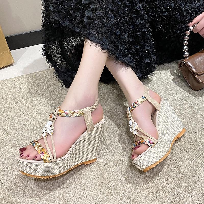 Bohemian sandals women's spring summer new slope heel platform rhinestone fish mouth sandals large size sandals