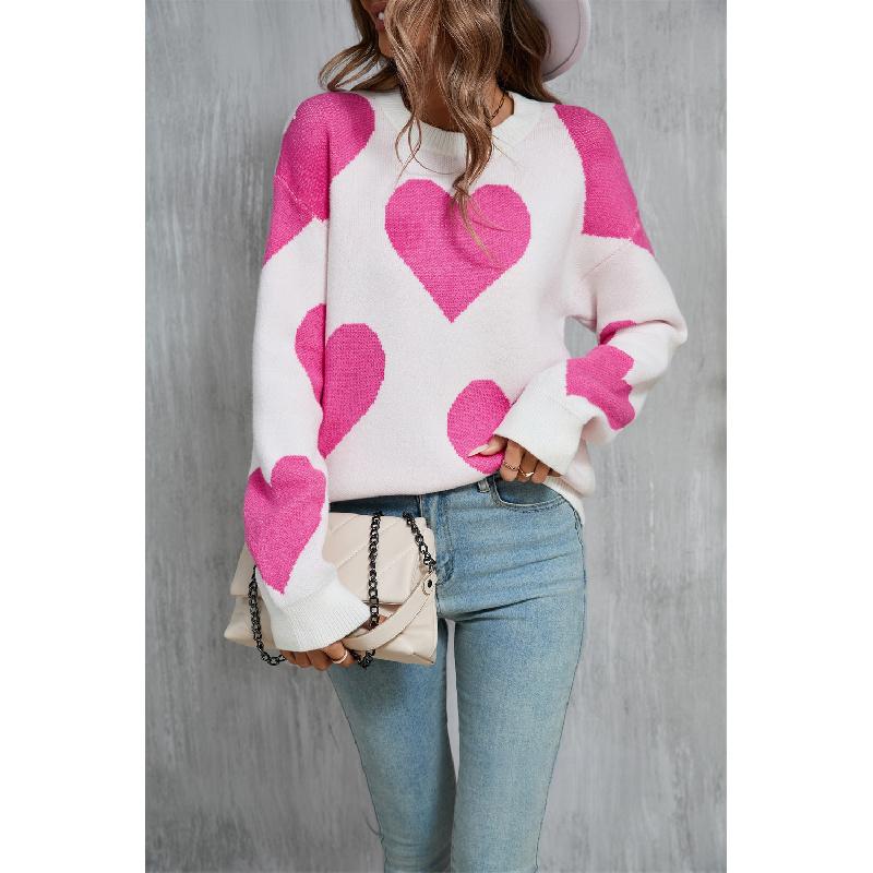 2026 Spring New Women s Plus Size Heart Pattern Round Neck Big Heart Sweater S белый