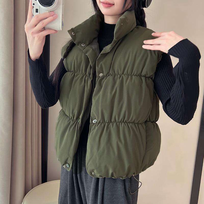 New Women's Lightweight Sleeveless Jacket Stand-up Collar Solid Color Thickened Warm Sports and Leisure Loose Lantern Core Cotton Jacket