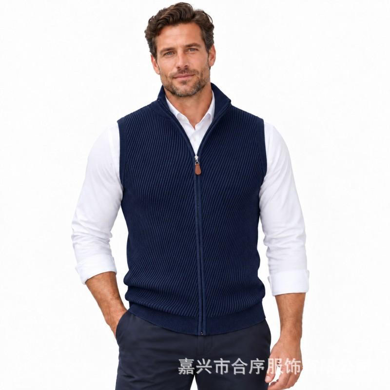Mens Knit Vest Business Stand Collar Full Zip Slim Fit Sleeveless Sweater Winter