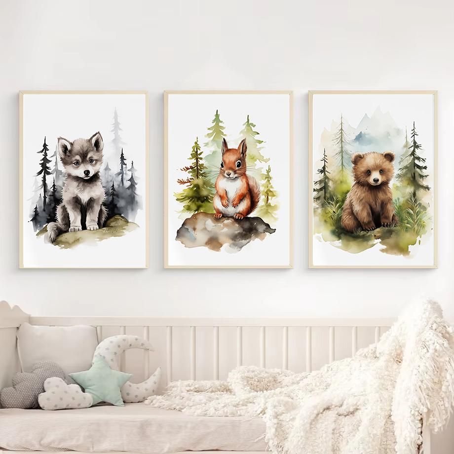 Watercolor Woodland Baby Animal Forest Bear Deer Fox Owl Wolf Poster Canvas Painting Nursery Wall Art Home Decoration