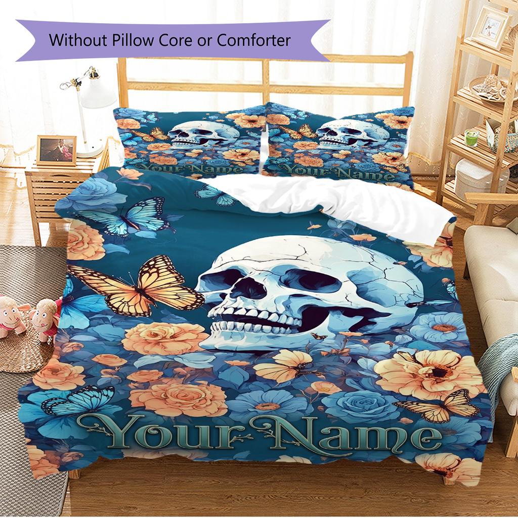 Name Custom Skull and Butterfly Pattern Bedding Set Quilt Cover Pillowcase Home Decor Gift (1 * duvet cover + 2 * pillowcase, without core)