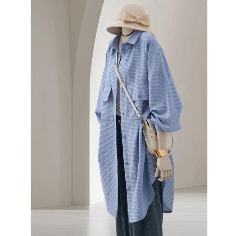 Spring Women's Shirt Medium To Long Length Flip Collar Long Sleeve Over Striped Shirt for Women