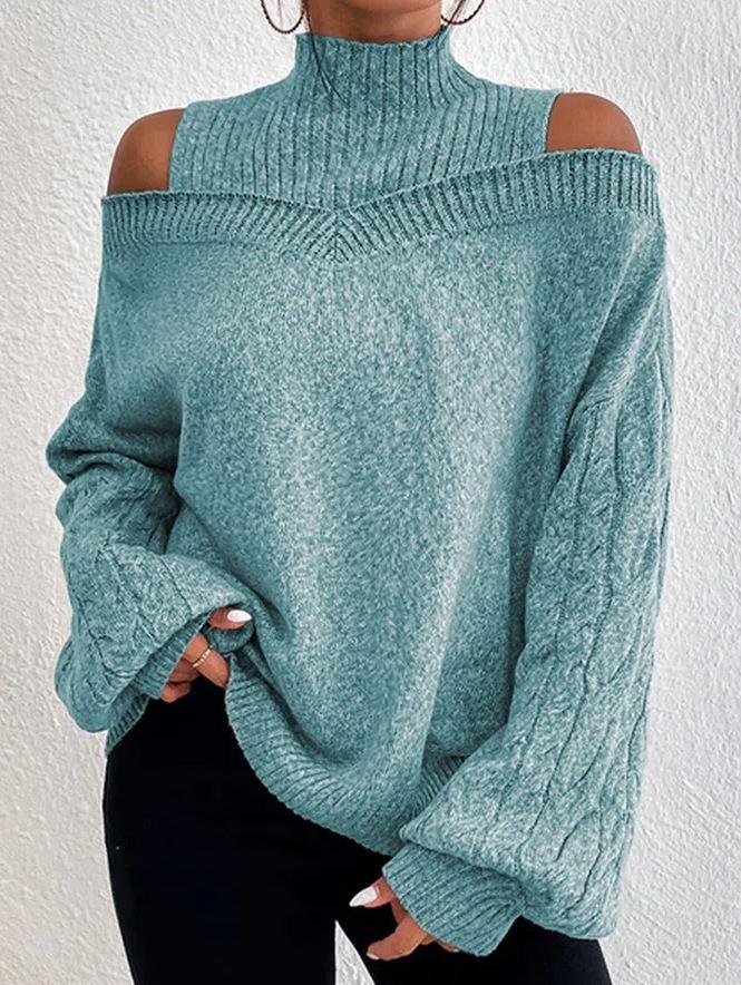 Open-shoulder Loose Semi-turtleneck Sweater with Lantern Sleeves