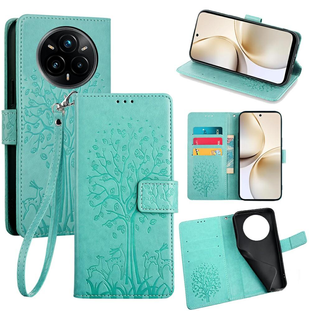 

For Realme 14 Pro+ 5G Case PU Leather Wallet Phone Cover Tree Deer Imprinted Green
