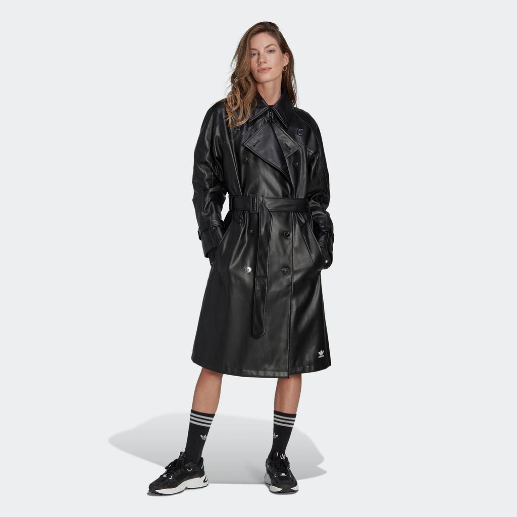 Adidas Originals Trefoil Faux Leather Double-Breasted Long Trench Coat Women Outerwear Black II6083