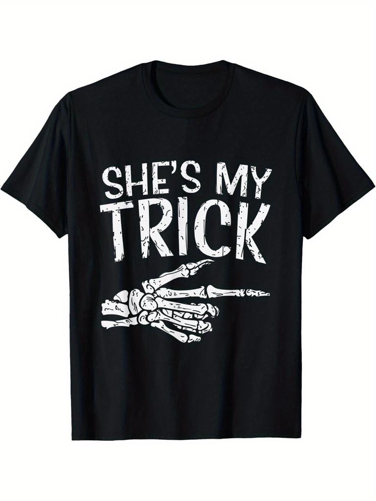 She's My Trick Skeleton Couple Halloween Graphic Tee Men's Casual Short Sleeve Cotton T-Shirt