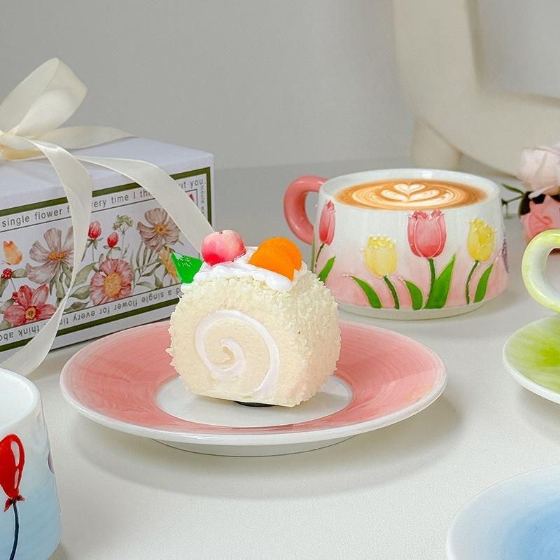 Yimei Retro Hand Painted Pink Mug  Tulip Ceramic Afternoon Tea Coffee Cup Appearance Level Niche Original Gift