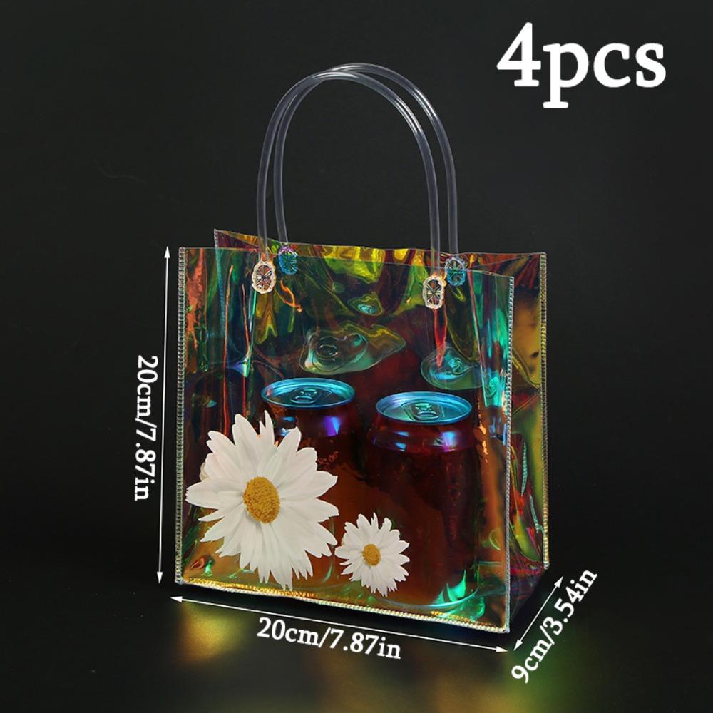 4pcs Holographic Clear Gift Bags with Handle Party Favor Bags Plastics Shopping Bags Goodie Bag Tote Bags Rainbow Holographic Gift Bag Gift Wrap Bag
