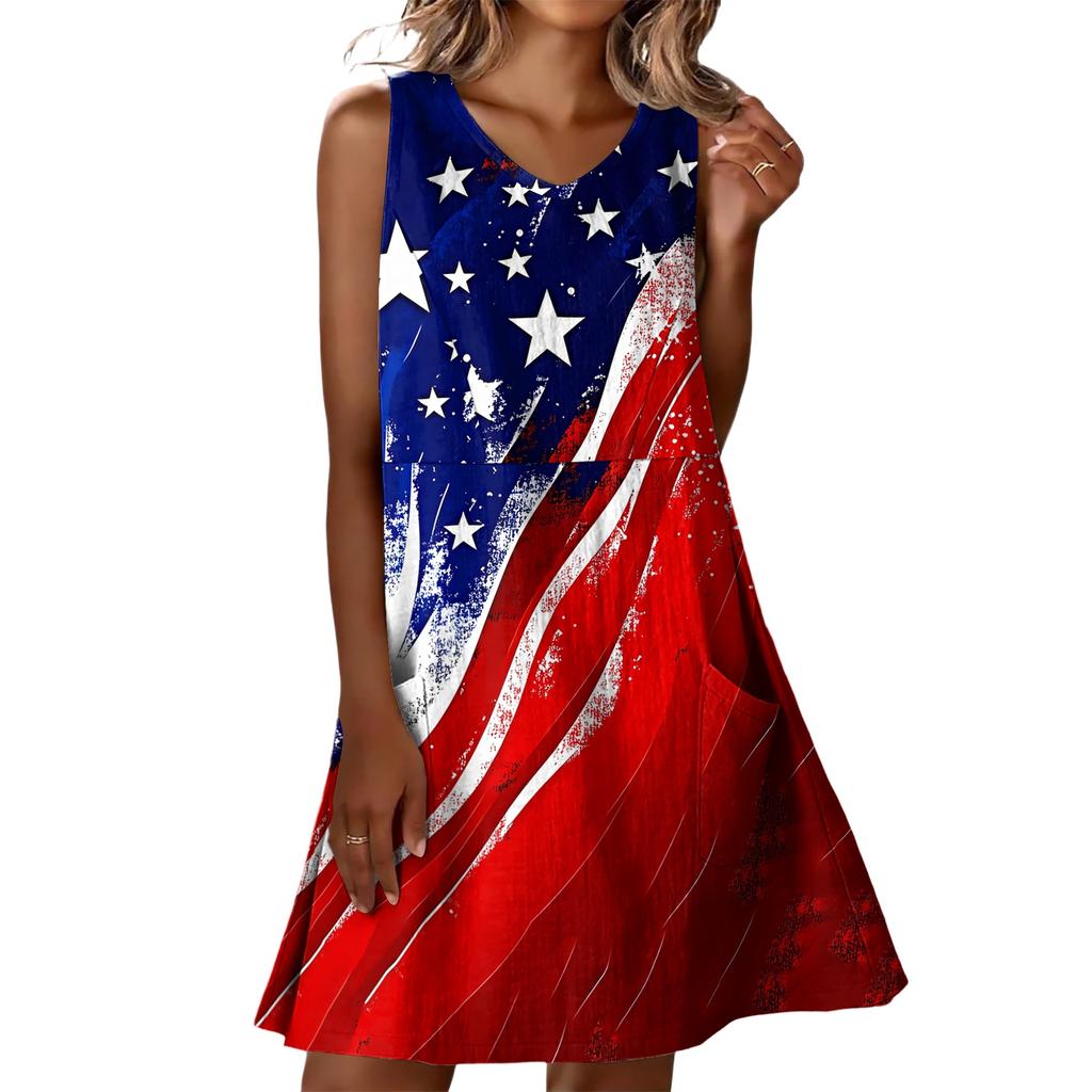 Sommerkleider für Damen Locker Strandurlaub Lässig Ärmellos V-Ausschnitt Sonnnenkleider Mit Taschen Trägerkleid