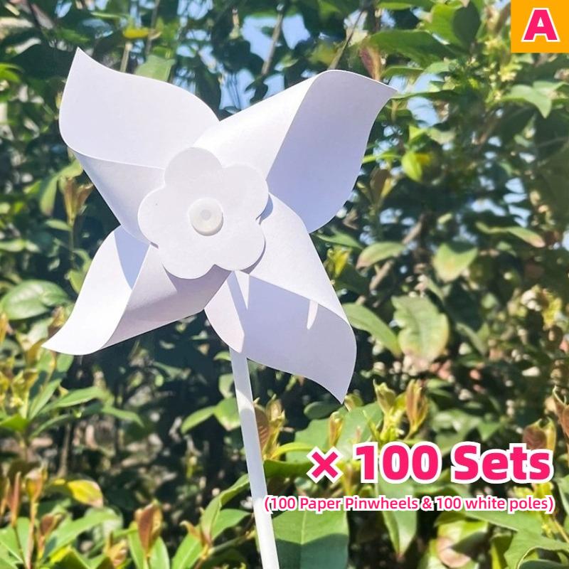 

100pc Summer Event DIY Paper Pinwheels Crafts Set Blanks White Small Windmills Kits Bulk Drawing Party Kid Toy Assembly Handheld