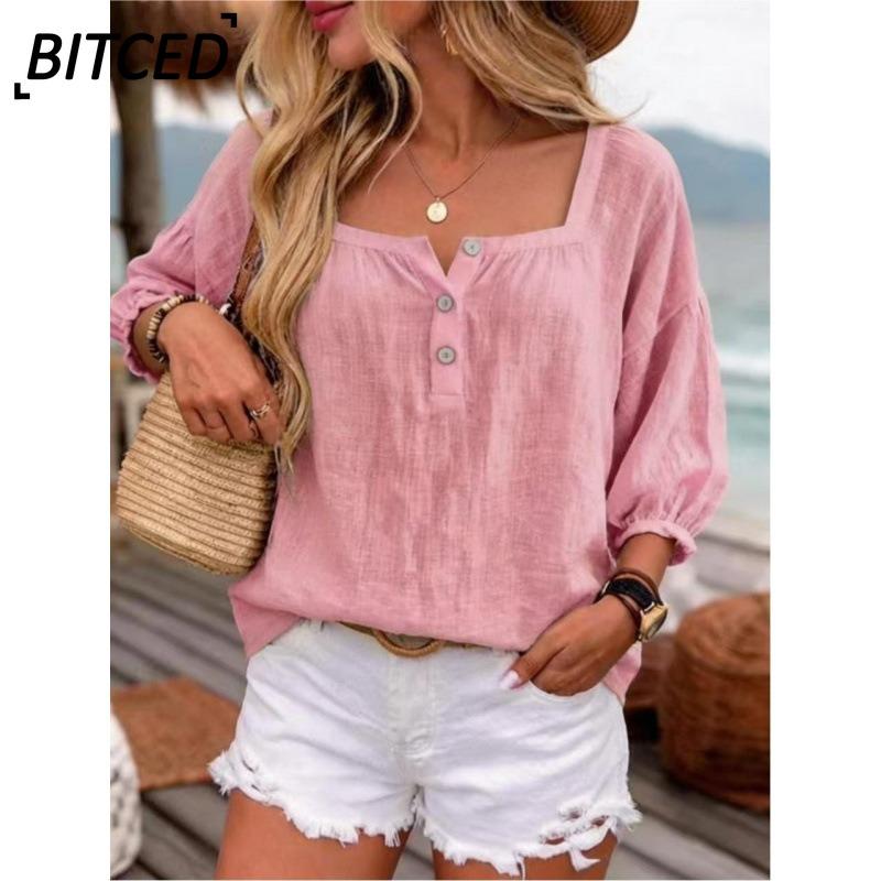 BITCED Women's Fashion Casual Solid Color Print Long Sleeve Square Collar Blouses & Shirts