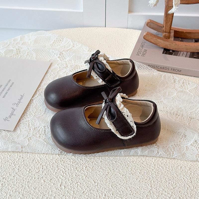 Girls Korean Style Round Toe Soft Sole Velcro Princess Kids Leather Shoes 21