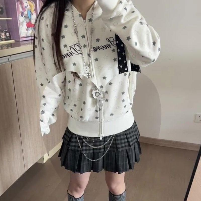 Japanischer Stil Bedruckte Buchstaben Kapuzenpullover Damen Lässig Kapuze Herbst Modisch Reißverschluss Vintage Langarm Sweatshirts