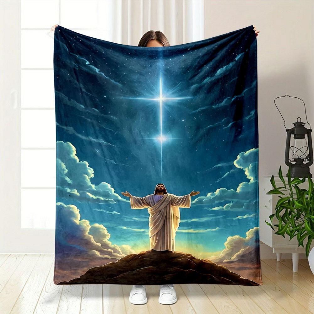 Jesus Cross Starry Sky Blanket Printed Blanket for Living Room Bed Couch lunch break Soft Cozy Blanket for Friend's festival Gift