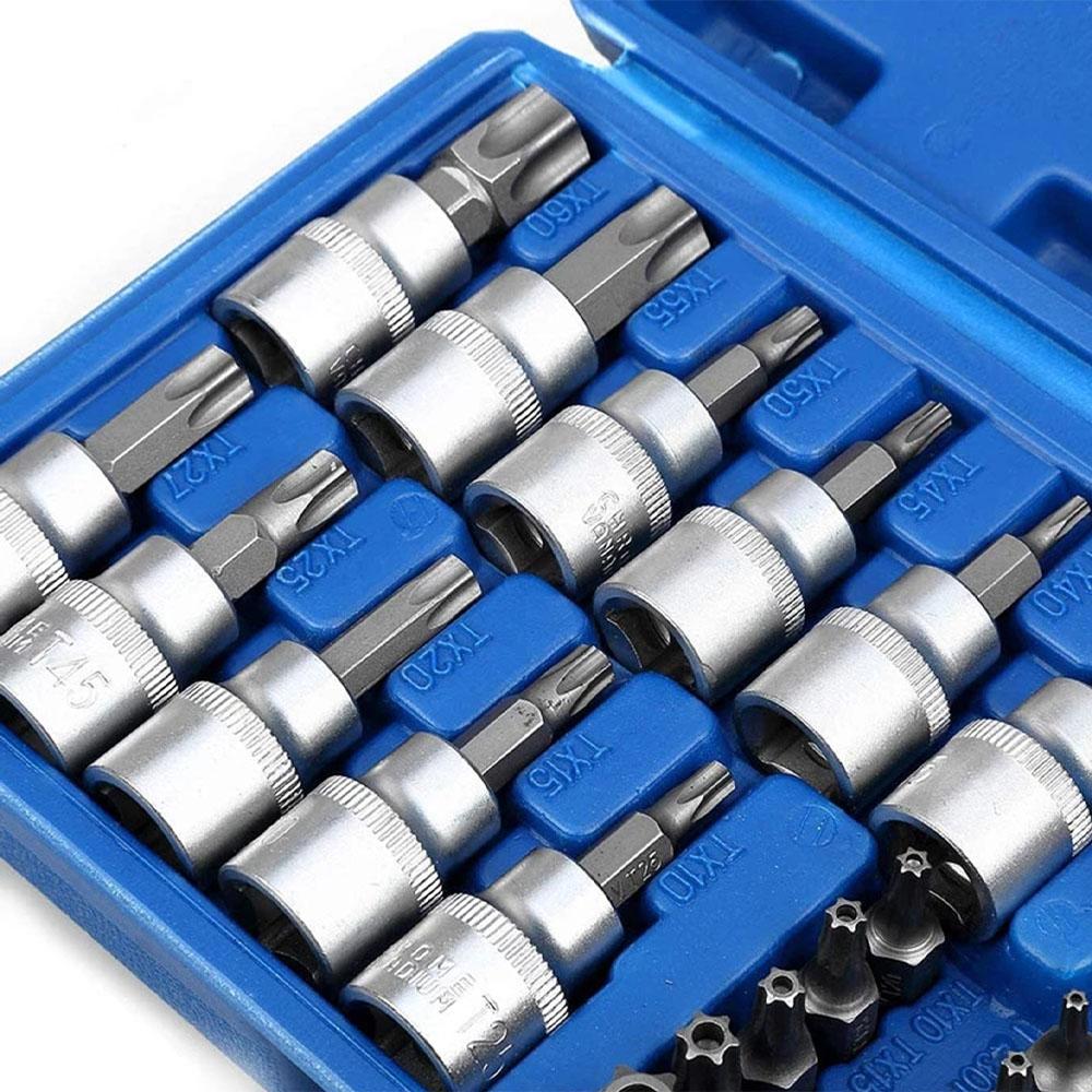 34PCS Torx Bit Socket  and  E-Torx Star Socket Set 1/2” 1/4“ 3/8” Drive Male/Female E-Security Bits  Hand Wrenches Repair Tool