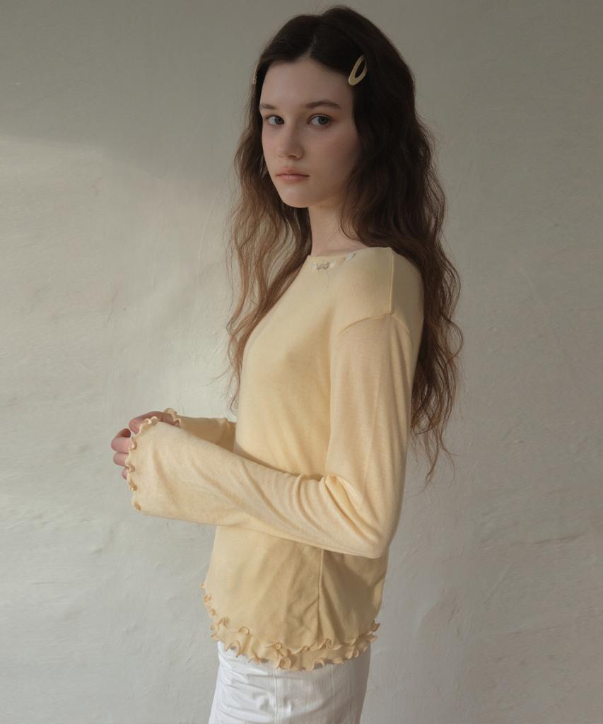 Aueonoseuteljia Button Boat Neck Wave T-Shirt_Light Yellow(O25-Tp20)