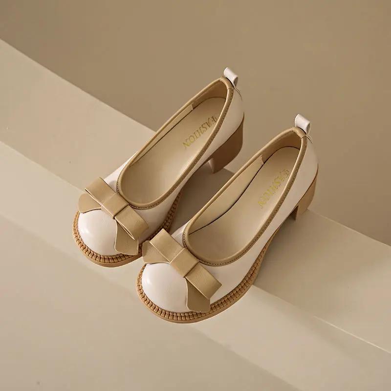 Fashion With Medium Heels Bow Round Toe Ladies Pumps Women's Shoes Chunky Block Heel Casual Y2k Vacation 2025 Trend Fashion Korean Style