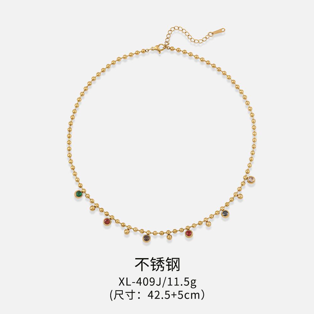 Vintage retro colored treasure small gold bead necklace French multi-color round zirconium round bead collarbone chain light luxury titanium steel