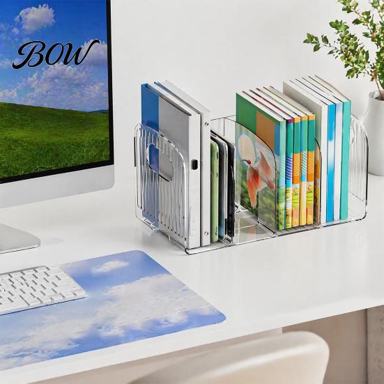Space Saving Book Stand for Students Clear Magazine Holder, 3/4-Compartment Desk Organizer, Vertical Bookend File Multifunctional Storage Box