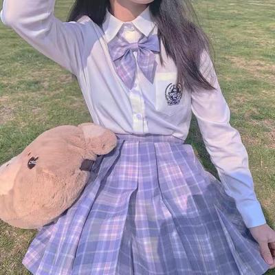 Ensemble uniforme Anime pour femmes, 3 pièces, jupes plissées violettes, chemise JK d'été, hauts à manches longues avec Mini jupe à carreaux, costume