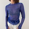 European and American style women's clothing summer new round neck long-sleeved mesh see-through T-shirt blue top slim and sexy style