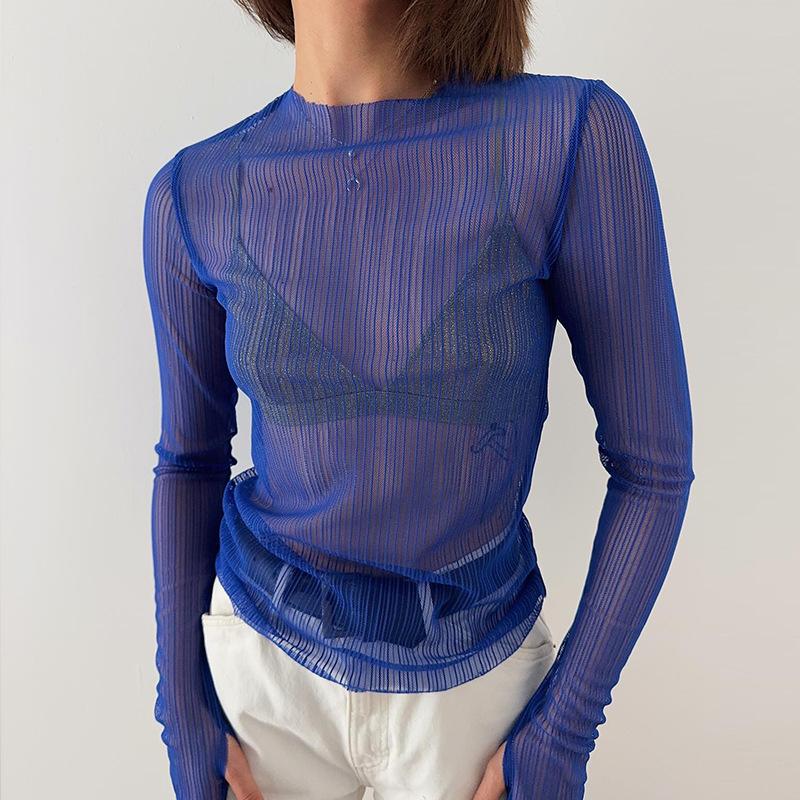 European and American style women's clothing summer new round neck long-sleeved mesh see-through T-shirt blue top slim and sexy style