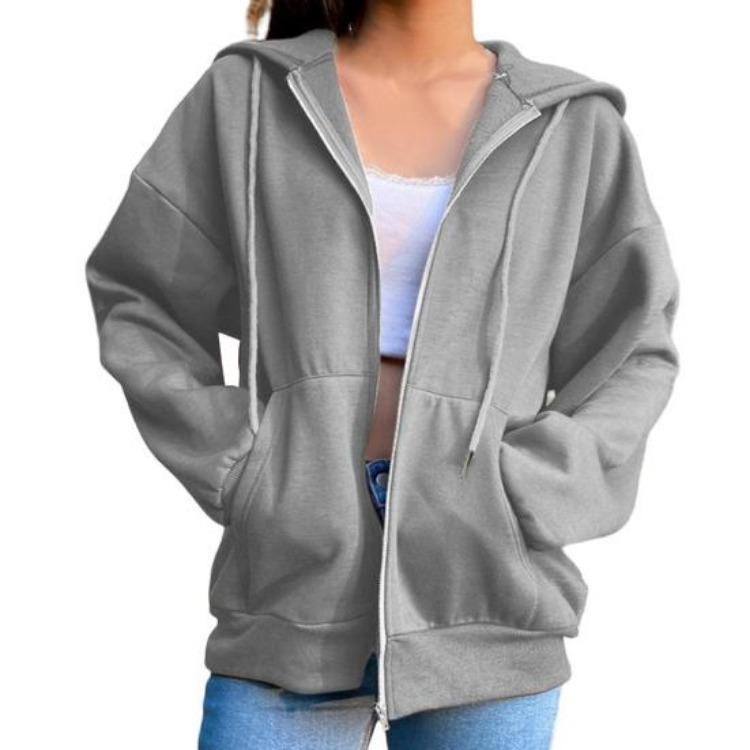 Women Autumn Sweatshirt Jacket Solid Color Hoodie Coat with Long Sleeves Drawstring Pockets Zipper Closure