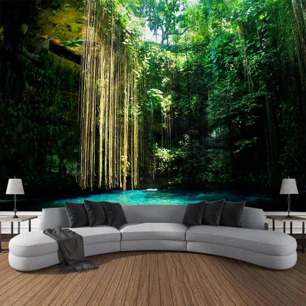 Large 3D Printed Tapestry Green Forest Landscape Wall Hanging Cloth Hippie Bohemian Home Art Decoration Living Room Wall Decor
