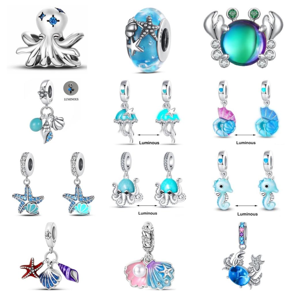 Copper Accessories Crab Luminous Jellyfish Shell Dangle Charm Bead Fit Original Pan Bracelet Women Diy Jewelry