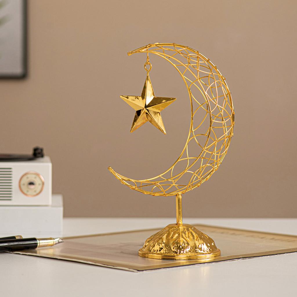 Eid Mubarak Ramadans Handheld Moon and Star Metal Hollowed Ornament Decors with Base for Muslims Islamic Party Supplies