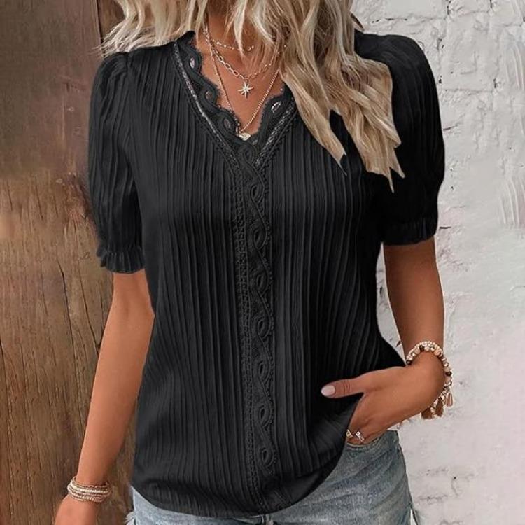 Elegante Camicetta da Donna Camicia Scollo a V Patchwork di Pizzo Manica Corta Camicie per Donna Estate Top da Donna