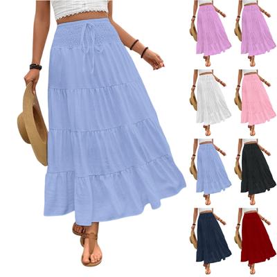 Women's Fashionable Solid Color Lace Elastic High Waist Bohemian Style Casual A-line Skirt