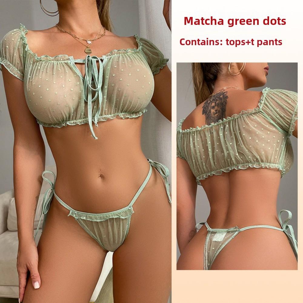 Summer Sexy Underwear Chest-wrapped Panties Set One-word Shoulder Straps Pajamas Women's Polka Dot Mesh Yarn