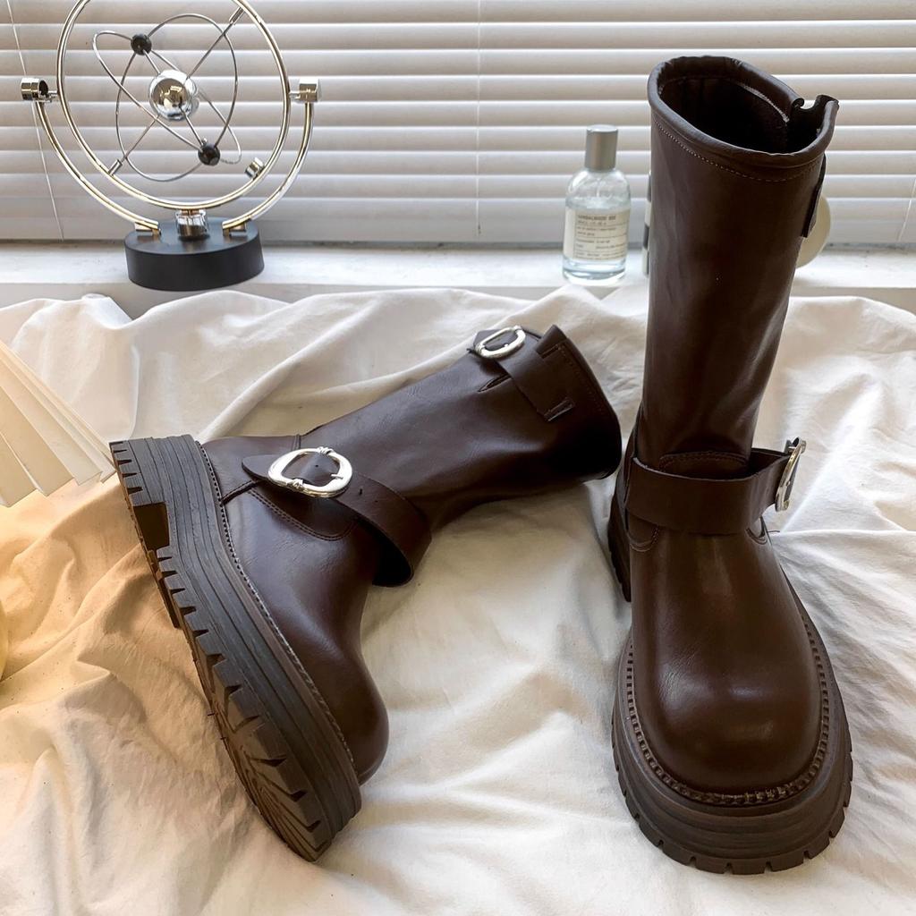 Spring Autumn Round Toe Leather Platform Women's Half High Boots Fashion 2025 Trend Hot Demi-season New in Ladies Mid Calf Shoes