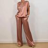 Women Summer Satin Lounge Sets Short Sleeve Crew Neck Top And Wide Leg Pants Set Casual Vacation 2 Piece Outfits